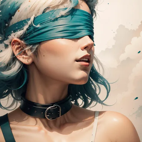 a close up of a woman with a blindfold and a collar