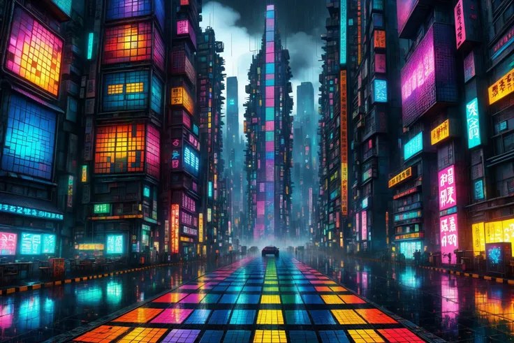 a city street with neon lights and a car on the road