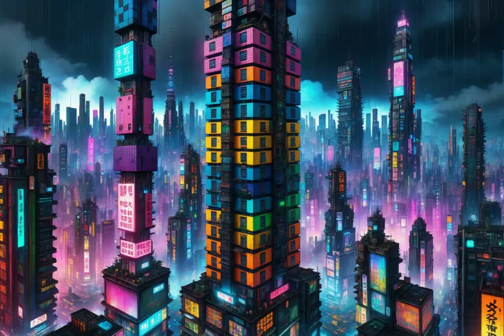 a painting of a city with neon lights and tall buildings