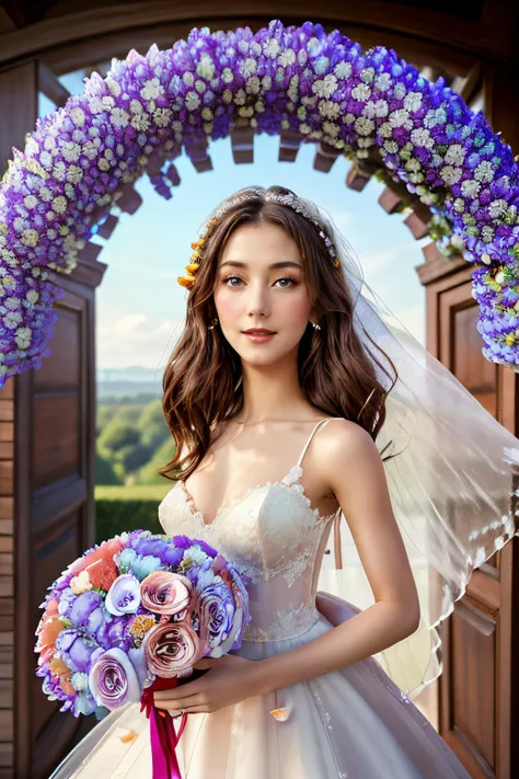 (8k, RAW photo, best quality, masterpiece:1.2, realistic, ),1girl, 20 years old, smile,  <lora:ThaidollArunee_v1A:0.8>, see-through wedding dress,<lora:SeethroughWeddingDress_v1:0.4>,seethrough_wedding_dress, (two Hand holding a  bouquet of flowers:1.5), (...