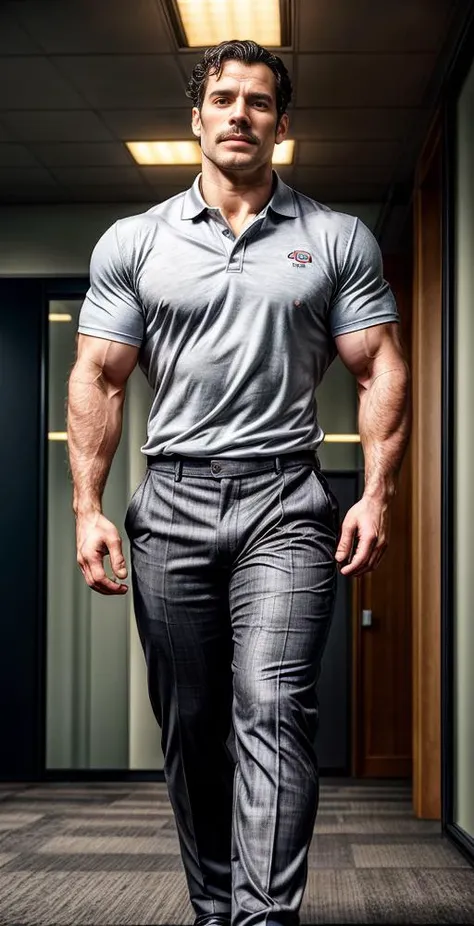 <lora:henrycavill_30030:1> henrycavill person
wearing a polo shirt and pants walking in an office, cocky, flirty, alpha, mustache,  bad-hands-5, full body, (giant:1.5), tall
masterpiece, realistic, high quality <lora:add_detail:2>