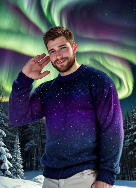 a man in a sweater standing in the snow with a aurora light in the background