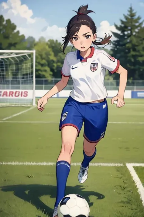 a woman in a soccer uniform kicking a soccer ball on a field