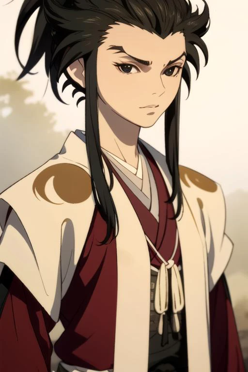 masterpiece, best quality, wallpaper, 1boy, solo, male focus, looking at viewer, upper body, depth of field, , , <lora:tahoumaru_dororo:0.98>, tahoumaru_dororo, black hair, black eyes, sidelocks, long hair, ponytail, , ,