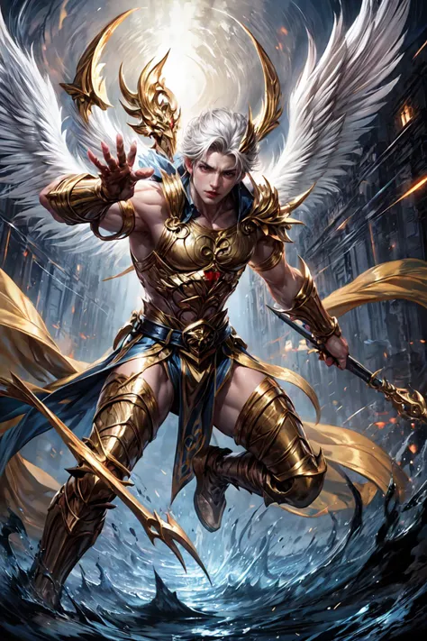 a woman with white hair and wings holding a sword in her hands