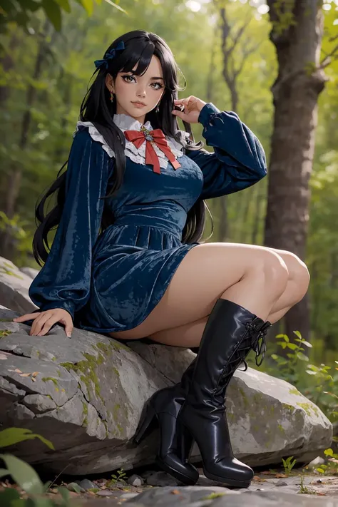 (by Keita Amemiya:1.3), sitting on a rocky overlook, canyon, wooded trail, full body, eyeliner, (long black hair), curvy, wearing dr3ss, dress, blue crushed velvet, skirt, bow, ribbon, chest jewel, long sleeves, red high heel boots, <lora:Outfit_soph-Crush...