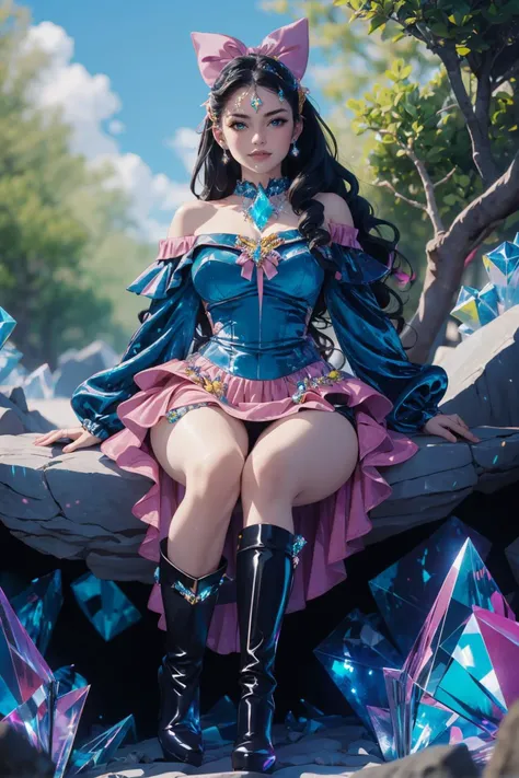 (by Ayumi Kurashima:1.3), sitting on a rocky overlook, canyon, wooded trail, full body, eyeliner, (long black hair), curvy, wearing dr3ss, dress, blue crushed velvet, skirt, bow, ribbon, chest jewel, long sleeves, red high heel boots, <lora:Outfit_soph-Cru...