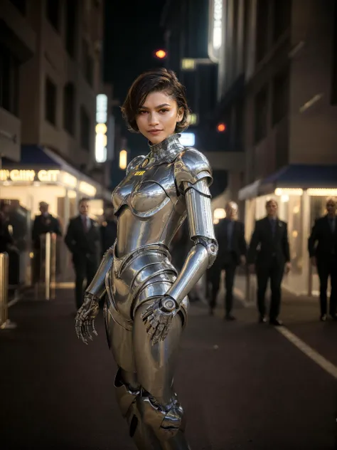 raw photo,(full body shot),(masterpiece),znd,short hair,cyborg dress,city street,night,dof,volumetric lighting,(film grain:1),add_detail,(rim lighting:1.3)