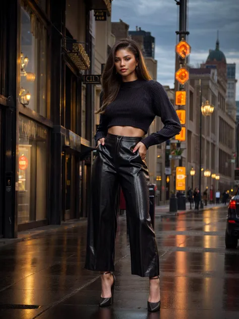 photo,(full body shot),(masterpiece),znd,long straight hair,sweater,black pants,pump heels,city street,night,dof,volumetric lighting,add_detail