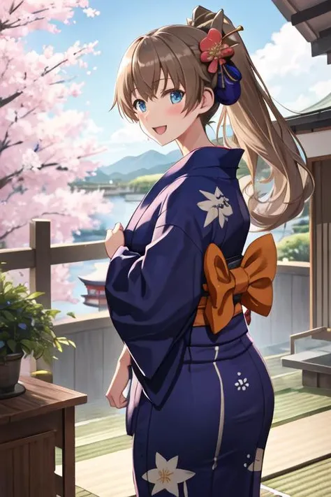 best quality, masterpiece, highres, solo, {yukata:1.40}, {kimono:1.20}, {kumano_kantaicollection:1.15}, brown_hair, long_hair, ponytail, blue_eyes, smile, blush, open_mouth, hair_ornament