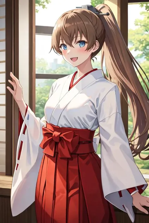 best quality, masterpiece, highres, solo, {white kimono:1.35}, {red hakama:1.35}, {wide sleeves:1.20}, {kumano_kantaicollection:1.15}, brown_hair, long_hair, ponytail, blue_eyes, smile, blush, open_mouth, hair_ornament