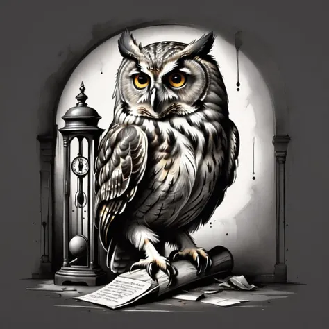 charcoal drawing of an owl contemplating an old grandfather clock  <lora:t-shirt_design-sdxl:1> t-shirt_design