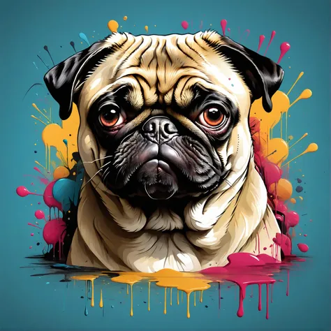 t-shirt_design, The face of an angry pug against the background of drops of paint, multi-colored, modern, ultra detail, grunge, fashionable, aggressiveness, <lora:wildlife-sdxl:1>