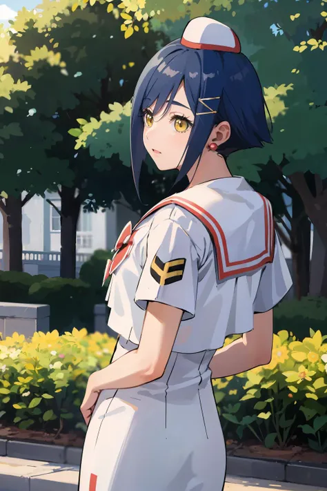 anime girl in uniform standing in front of a building