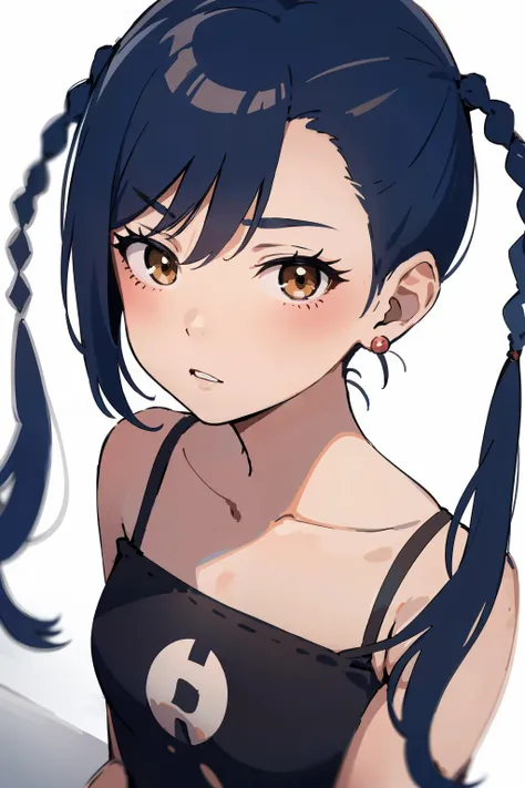 anime girl with long black hair and ponytails in a black top