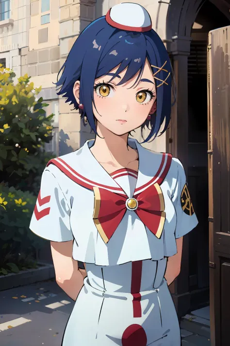 anime girl in sailor outfit standing in front of a building