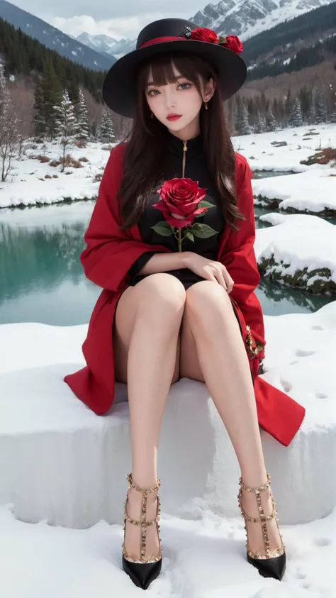 tutututu,high heels,
masterpiece,best quality,winter,snow field,1girl,bangs,blue eyes,blunt bangs,brown hair,fruit,full body,hat,long hair,looking at viewer,red flower,red rose,rose,sitting,solo,sky,sun,mountain,forest,lake,
<lora:merged_0020:0.9>,