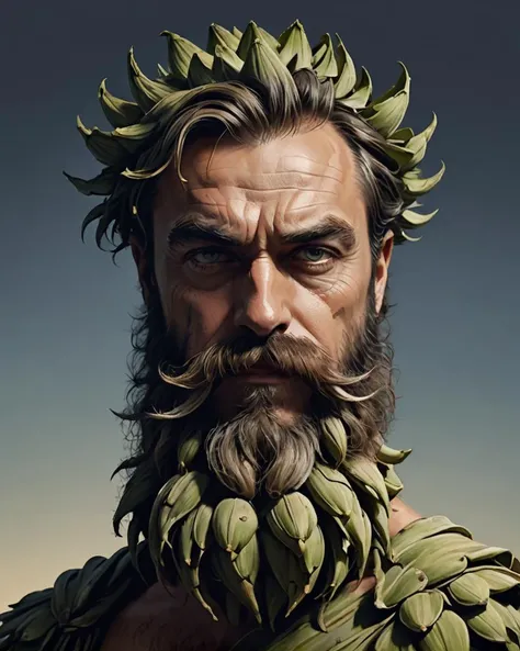 Vector Art, hyper detailed, Minimalist Greek artichoke, complex background, at Dusk, Dramatic spotlight, L USM, Paint splotches, Movie concept art, with an epic beard and mustache, <lora:- SDXL - brdanmu_ beard_mustache_hair_V2.0:1>