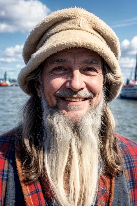 A handsome 72yo hippie, smiling Bavarian man, bright eyes, Hamburg harbor, clouds, closeup