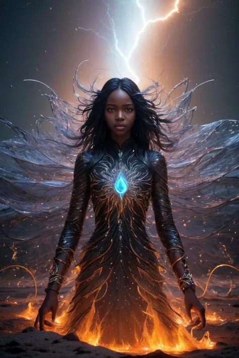 [style of Noah Bradley : real life photo : 0.75],
[(charming adult African woman) | Leomie Anderson  | Maria Borges] [face | ,moon | ,sun], water streams, chain lightning, fire tornado, liquid hair, [fractal art:0], [chaotic particles:1], [intricate colorf...