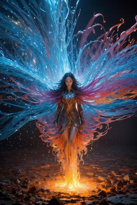 [style of Noah Bradley : real life photo : 0.75],
[(charming adult African woman) | Alek Wek  | Tyra Banks], water streams, chain lightning, fire tornado, liquid hair, [fractal art:0], [chaotic particles:1], [intricate colorful fusion:1], [paper craft:3], ...