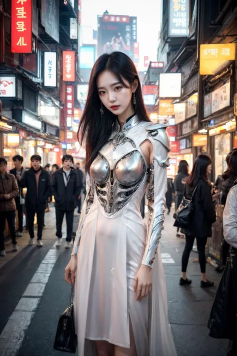 A slender adult South Korean fashion model wearing [short liquid sundress : biomechanical armor : 7],
wide Seoul street, evening,
romantic, dramatic, real life photo, film grain,
[[Yoon Young Bae | Lee Sung-kyung]:2]