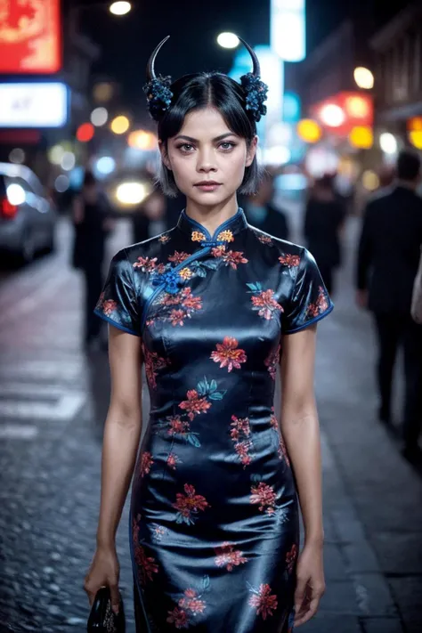 a demonic [Naomie Harris | Morena Baccarin] wearing short floral qipao,
white hair, blue eyes, short messy hair, little evil horns,
proud mood,
evening city street,
analog photo,
<lora:qipao_lora:0.5>