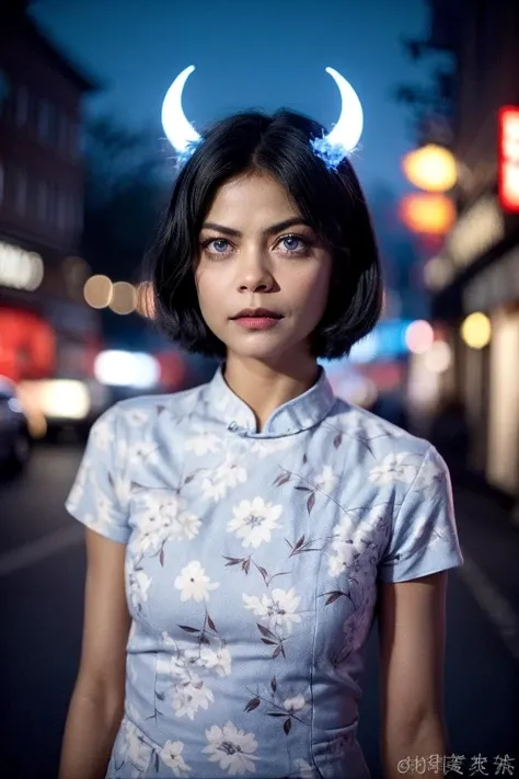 a demonic [Naomie Harris | Morena Baccarin] wearing short floral qipaox,
white hair, blue eyes, short messy hair, tiny evil horns,
proud mood,
evening city street,
analog photo,
<lora:qipaox2:0.6>