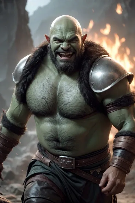 [photo of the :0.125]
(spoken heart:1.3), grinning, pov, face portrait of an orc warrior with green skin aggressively running toward the viewer, leather armor, bald, monstrous face, grizzled, brute, chest hair, arm hair, stubble, arm hair, d&d, fantasy, ba...