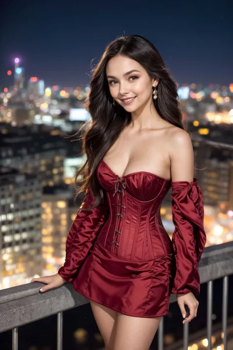 A smiling adult woman in a corset-style mini dress with statement sleeves, long hair moving in the wind, leaning forward, Looking at viewer over shoulder, small waist, medium hips, big natural breast, balcony with city at night, city lights railing, firewo...