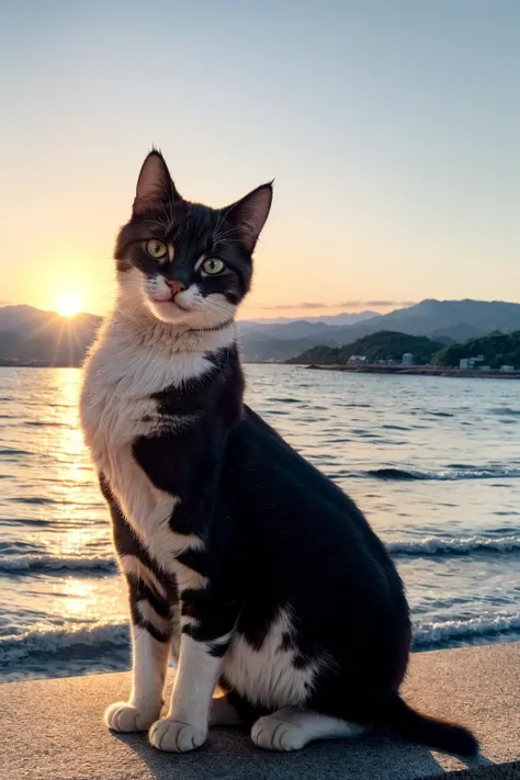 A cat, short fur, dynamic posture, glistening, 
outdoors, mountainous horizon, sunrise, ocean,
feeling peaceful and happy, soft light