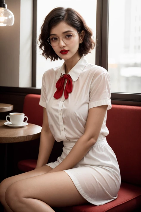 A young nerdy woman sitting in a café, white shirt, neck bow, short curly haircut, slender, red lips, transparent fabric, cozy atmosphere, warm light, [[Mia Khalifa | Aishwarya Rai]:0.2], [: real life analog photo, film grain :  0.5]