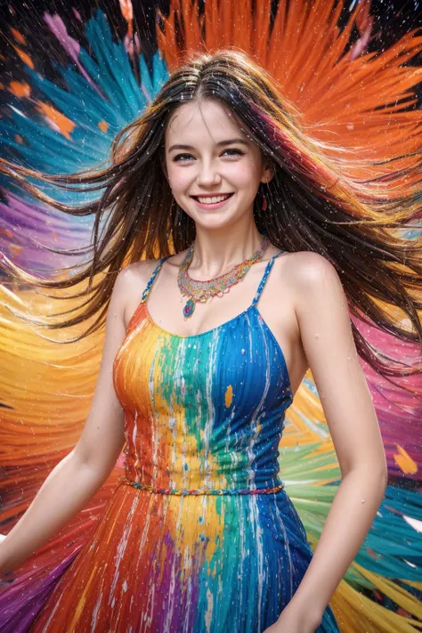 [impression painting : real life photo : 0.5] of a smiling girl wearing intricate dress, necklace, color explosion, strong whirlwind, wet messy hair, colorful strands, a cartoon style by Leonid Afremov