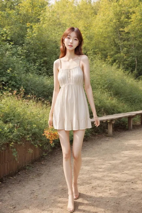 a woman in a white dress walking down a dirt road