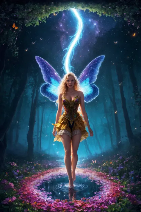 A charming 24 yo Swedish curly blonde stands on an ephemeral stream surface BREAK 
fierce flowers, chaotic fireflies, flickering butterflies, particles clouds, broken reflections, shifted reality, elemental rage, magic tornado BREAK
heartbreaking fantasy a...