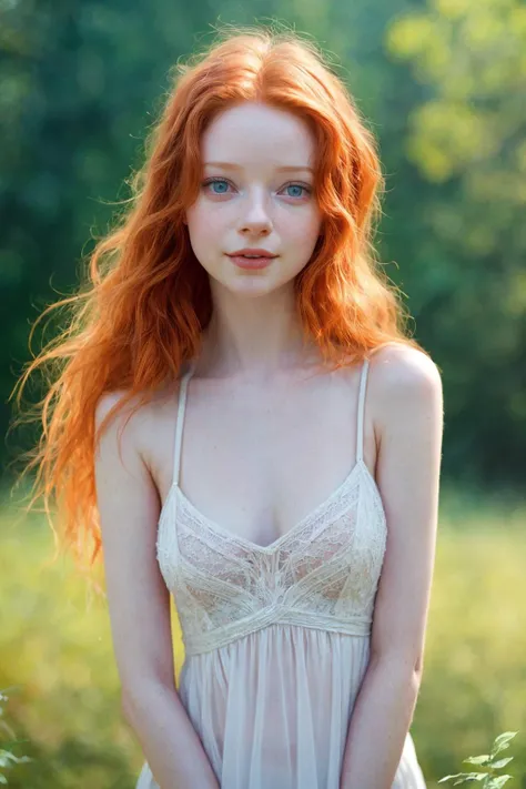 a woman with red hair and blue eyes posing in a field