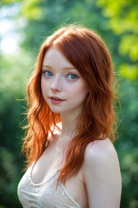 a close up of a woman with red hair and blue eyes