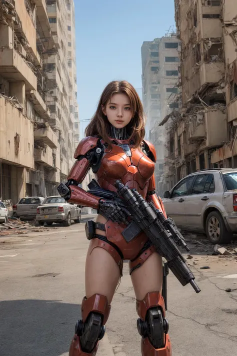 A high quality photo of a young mecha woman with a big gun on a ruined city street