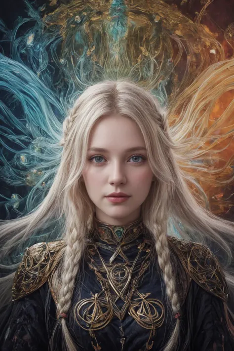 A painting of a nordic woman by Eleanor Vere Boyle and Andreas Untersberger, hantu ulat sutera adaptive and halcyon atmosphere with dispersion, refined details, Celtic colors palette, style by nty