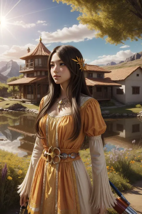 1girl, awardwinning 3D Rendering, surreal, soft focus of a South-American ([Ranch house|Marker]:1.3) , the Marker is very Wanderlust and Good, it is in a Final Fantasy setting, it is with deep orange patterns, at Foolish Bridge, summer foliage with Seaweed...