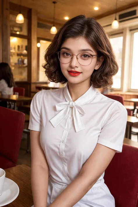 A young nerdy [Mia Khalifa | Aishwarya Rai | Tzuyu] sitting in a café wearing a white shirt, neck bow, short curly haircut, slender, red lips, transparent fabric, cozy atmosphere, warm light