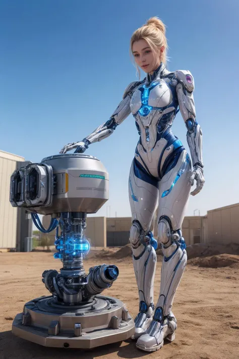 A professional high quality photo of a feminine biomechanical unit in action outdoors, overloaded integrated reactor, shining elements, glowing gaps, subsurface scattering