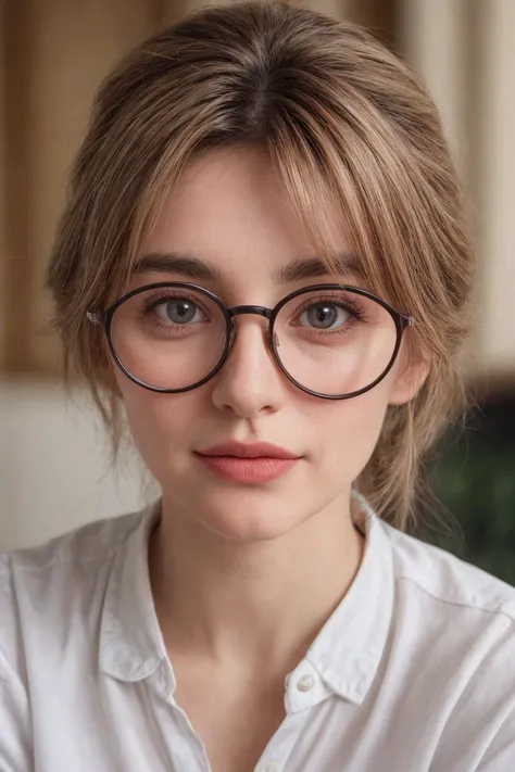 a close up of a woman wearing glasses and a white shirt