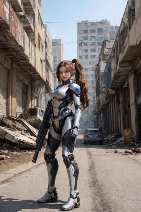 A high quality photo of a young mecha woman with a big gun on a ruined city street