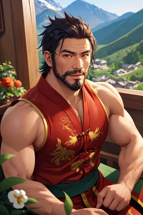 A photo portrait of a gruff muscular Chinese man wearing stylish clothes in a cozy mountain inn overlooking a valley, manly, athletic, stubble, arm hair, rule of thirds, flowers and plants, sharp focus, cinematic lighting