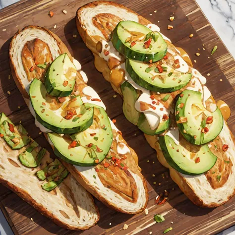 A slice of artisanal sourdough bread, perfectly toasted to a golden brown, adorned with creamy avocado slices and topped with a sprinkle of red pepper flakes and a drizzle of extra virgin olive oil. The vibrant green of the avocado contrasts beautifully wi...