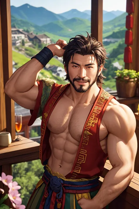 A photo portrait of a gruff muscular Chinese man wearing stylish clothes in a cozy mountain inn overlooking a valley, manly, athletic, stubble, arm hair, rule of thirds, flowers and plants, sharp focus, cinematic lighting