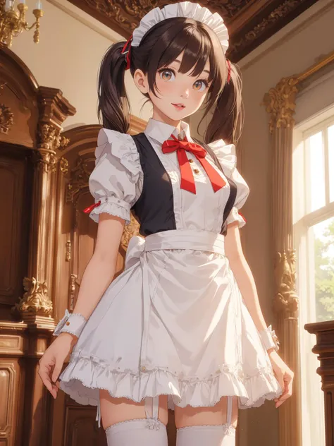 A young cat-eyed woman with twintails wearing a short maid outfit standing in a mansion