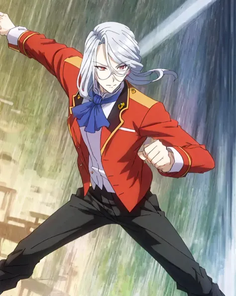 anime image of a man in a red jacket and black pants