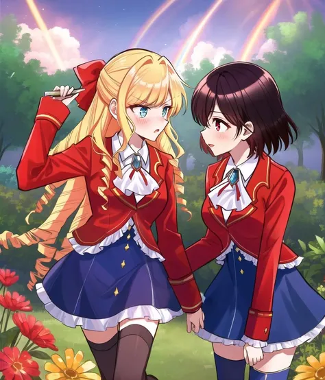 two anime girls in school uniforms standing next to each other